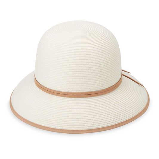Front of women's Lady Brett cloche bucket travel sun hat, Ivory