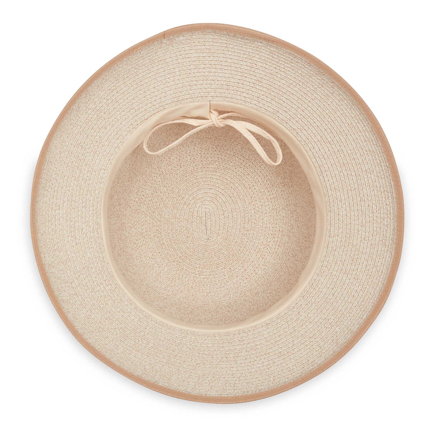 Inside of women's Lady Brett cloche bucket travel sun hat, Mixed Camel