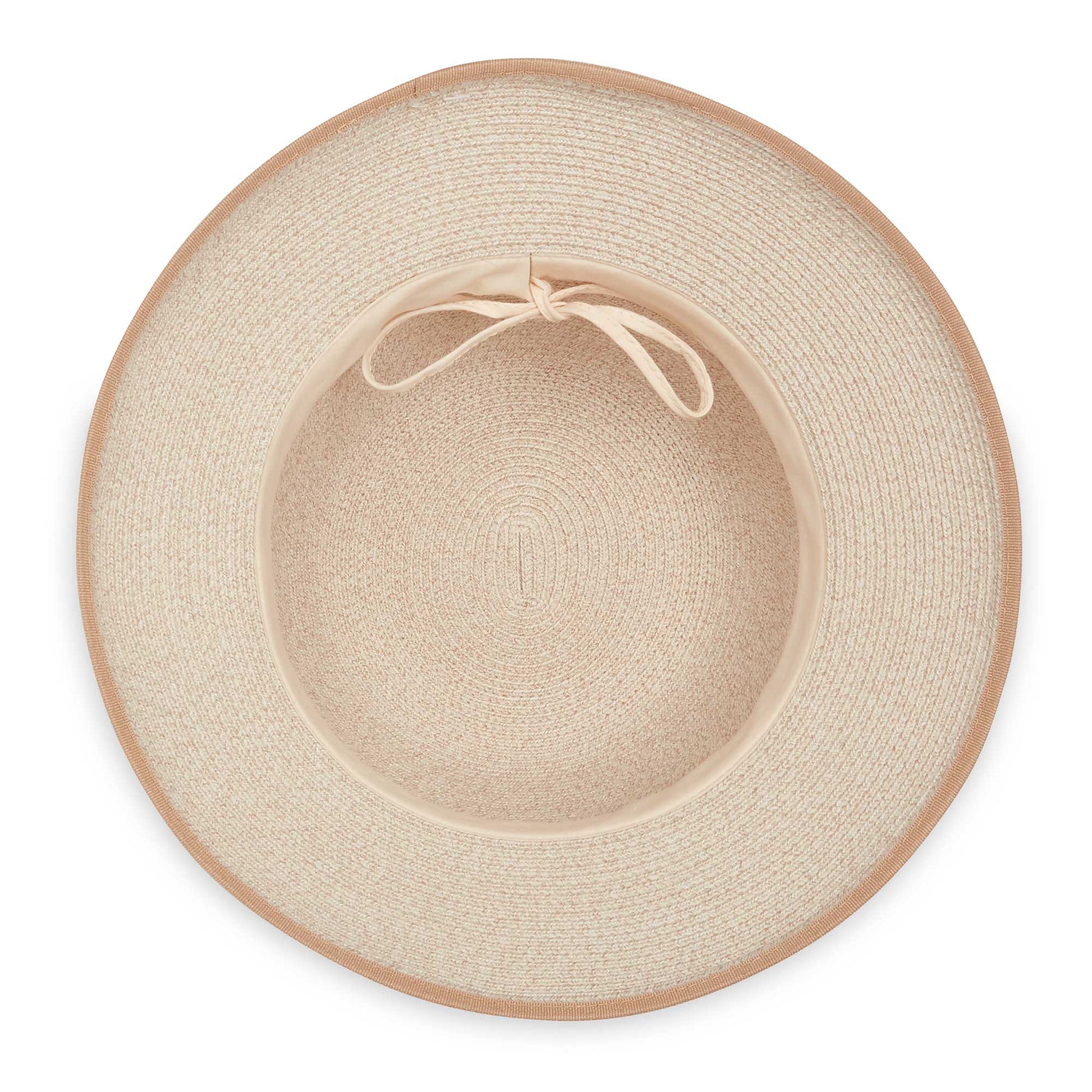 Inside of women's Lady Brett cloche bucket travel sun hat, Mixed Camel
