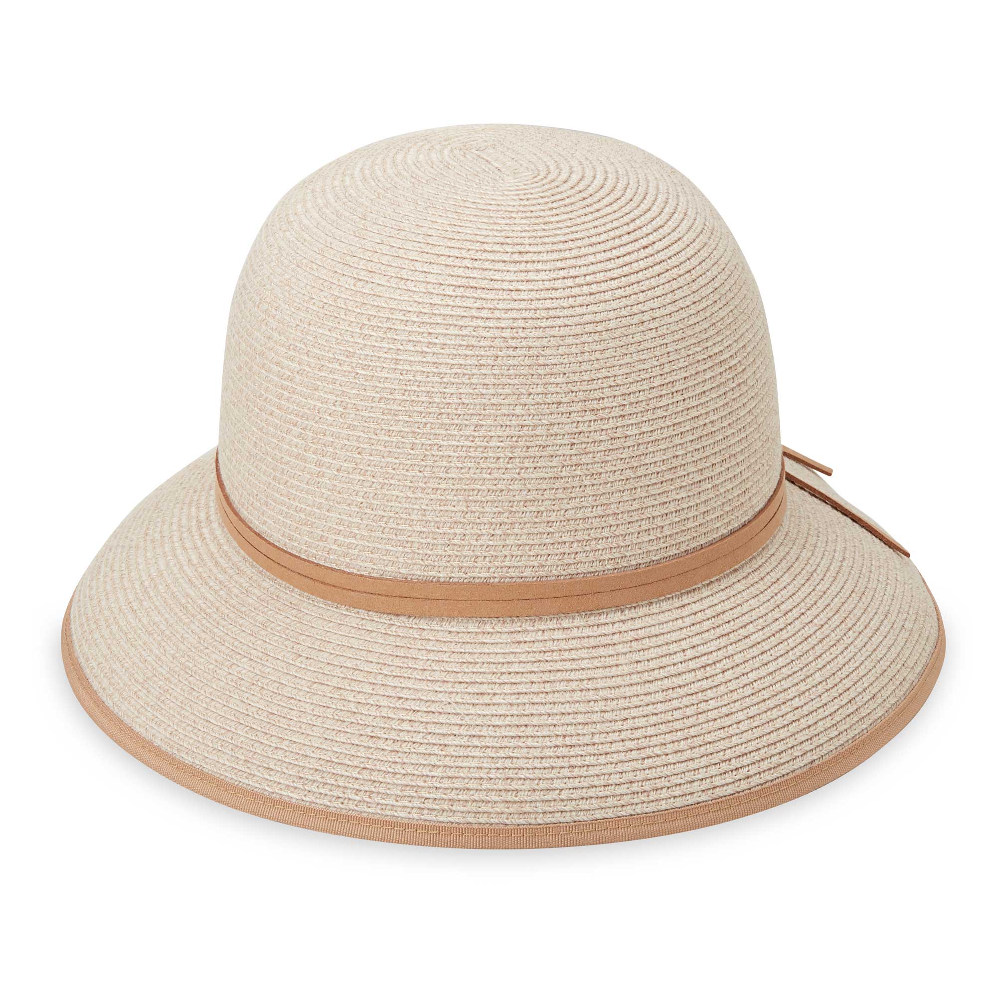 Front of women's Lady Brett cloche bucket travel sun hat, Mixed Camel
