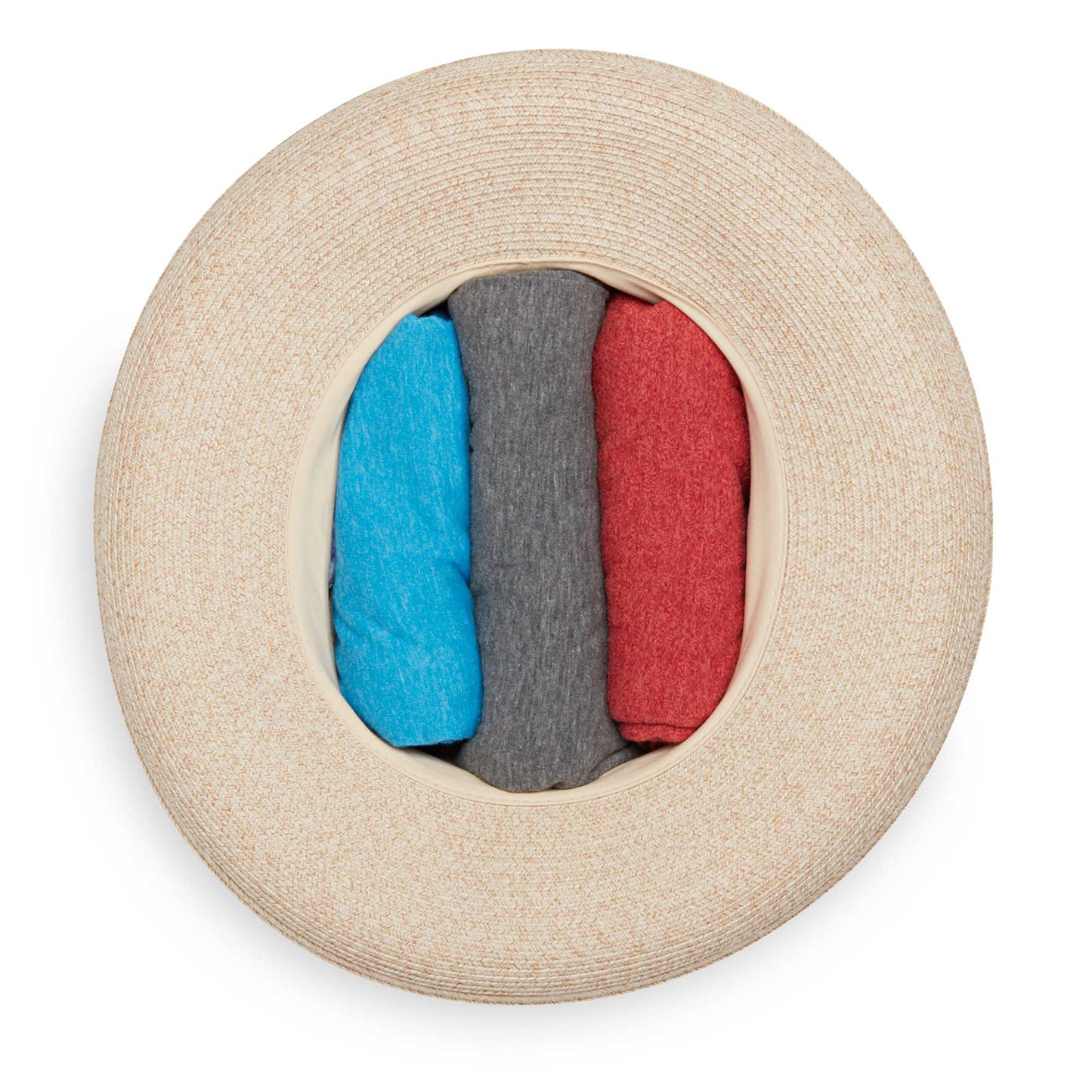 Packing view of women's summer sun hat by Wallaroo, Natural-Leaves, White-Beige/Wave