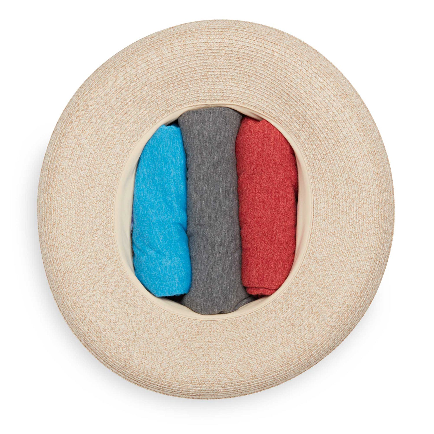 Packing view of women's summer sun hat by Wallaroo, Natural-Leaves, White-Beige/Wave