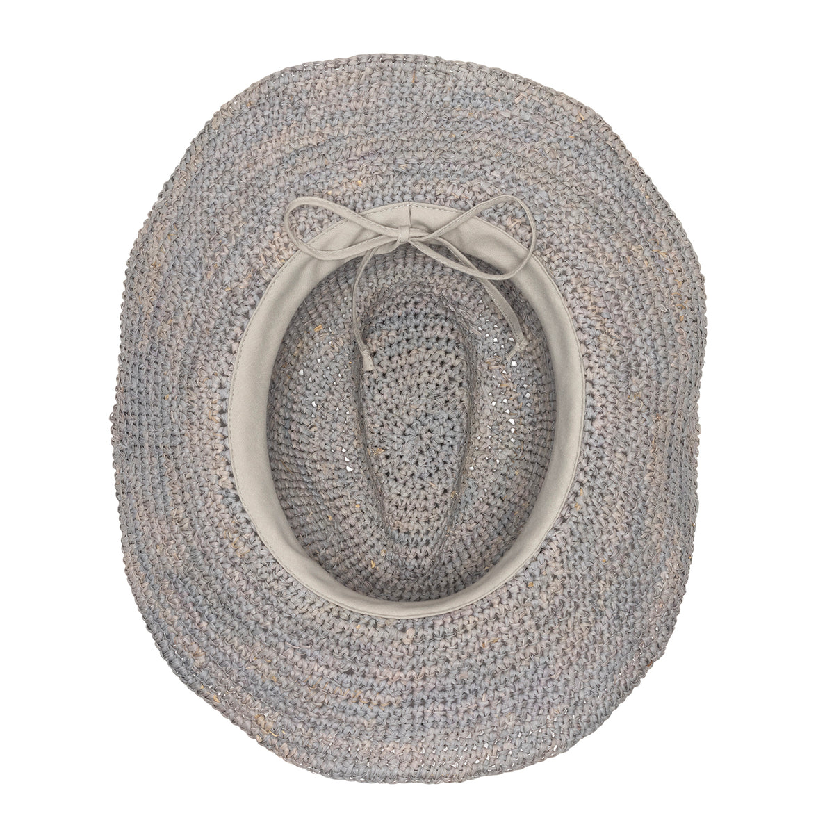 A top-down view of a woven raffia hat in grey,  showing the adjustable inner string to find the perfect fit on a solid white background.