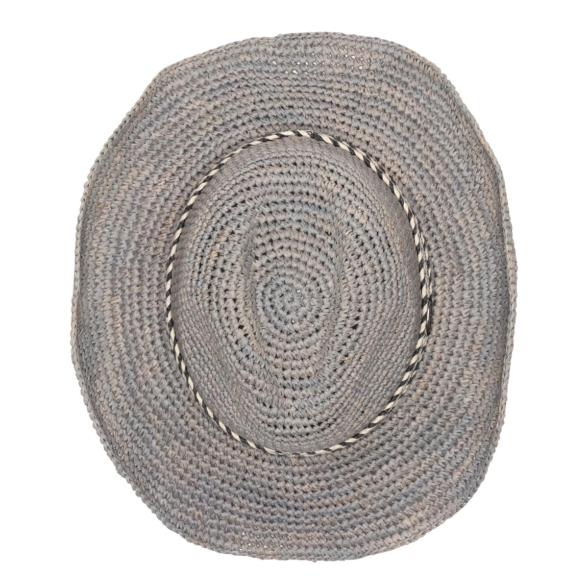 A top-down view of a woven raffia hat in grey, showing the top of the crown on a solid white background.