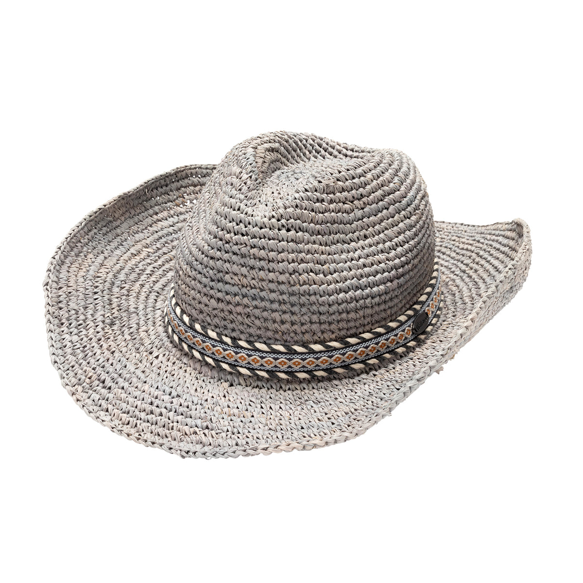 The Wallaroo Larkin cowboy hat in grey features a decorative band with black, white, blue, and orange geometric patterns, shown on a plain white background.