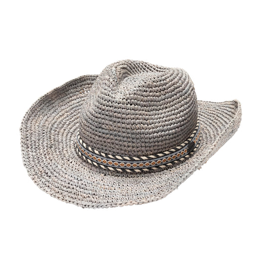 The Wallaroo Larkin cowboy hat in grey features a decorative band with black, white, blue, and orange geometric patterns, shown on a plain white background.