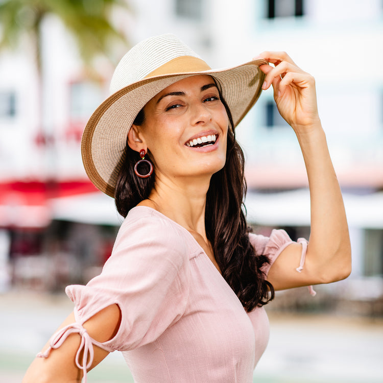 Woman wearing a wide brim summer hat by Wallaroo, Mixed Camel