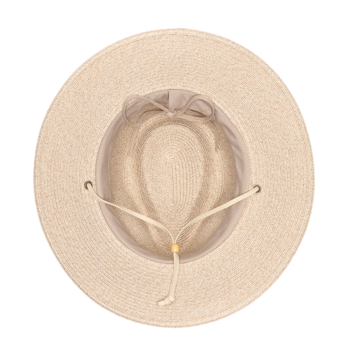 A top-down view of the Lexi UPF 50+ fedora sun hat in mixed ivory, showing the inside of the crown featuring an adjustable drawstring tied in a bow for a custom fit, and an exterior chin strap with a wooden bead, set against a plain white background