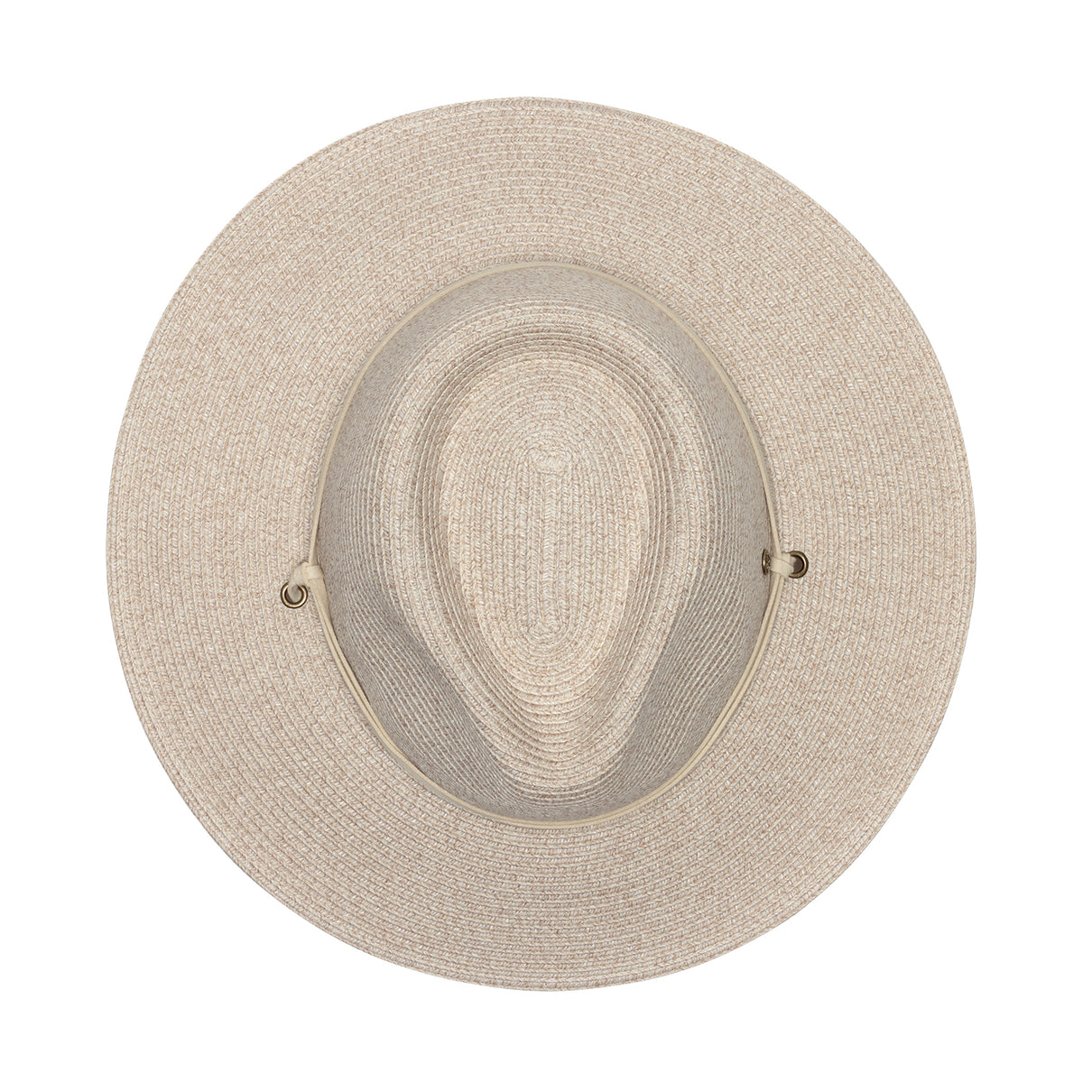 A top view of the Lexi UPF 50+ fedora hat in mixed camel, showing the top of the crown and the wide brim of the hat, on a plain white background.