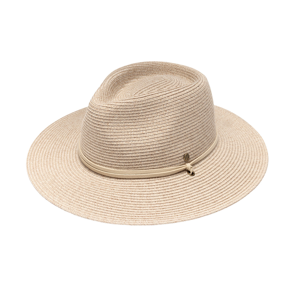 The Lexi UPF 50+ fedora hat in mixed ivory, with a pinched crown and a matching beige band around the crown featuring a small dark metal logo, shown on a plain white background.