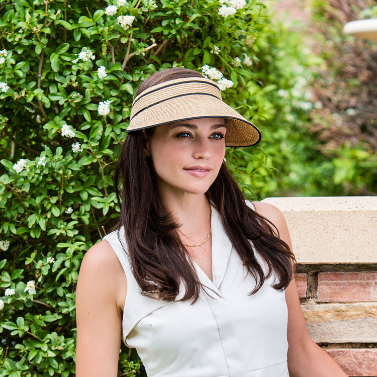 Carkella Women's Wind-Resistant SPF Lily Visor with adjustable fit, UV protection, and stylish design for sunny days, Beige/Black Stripe