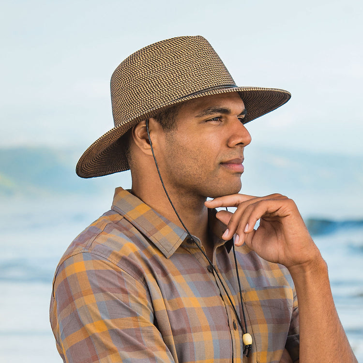 Men's Logan beach lifeguard fedora by Wallaroo, unisex water-resistant sun hat with UPF protection, designed for sunny outdoor activities and travel, Camel 