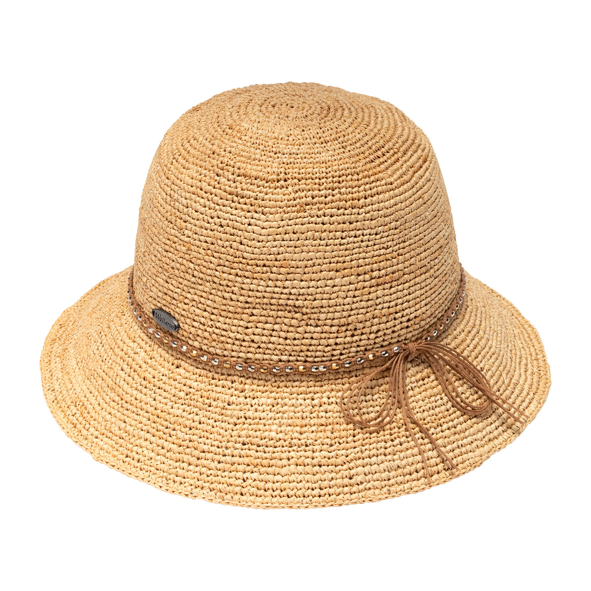 Back view of the Wallaroo raffia Malibu Bucket straw sun hat in natural color with a wide brim and a decorative brown band with small rhinestones, featuring decorative bow shown on a plain white background.
