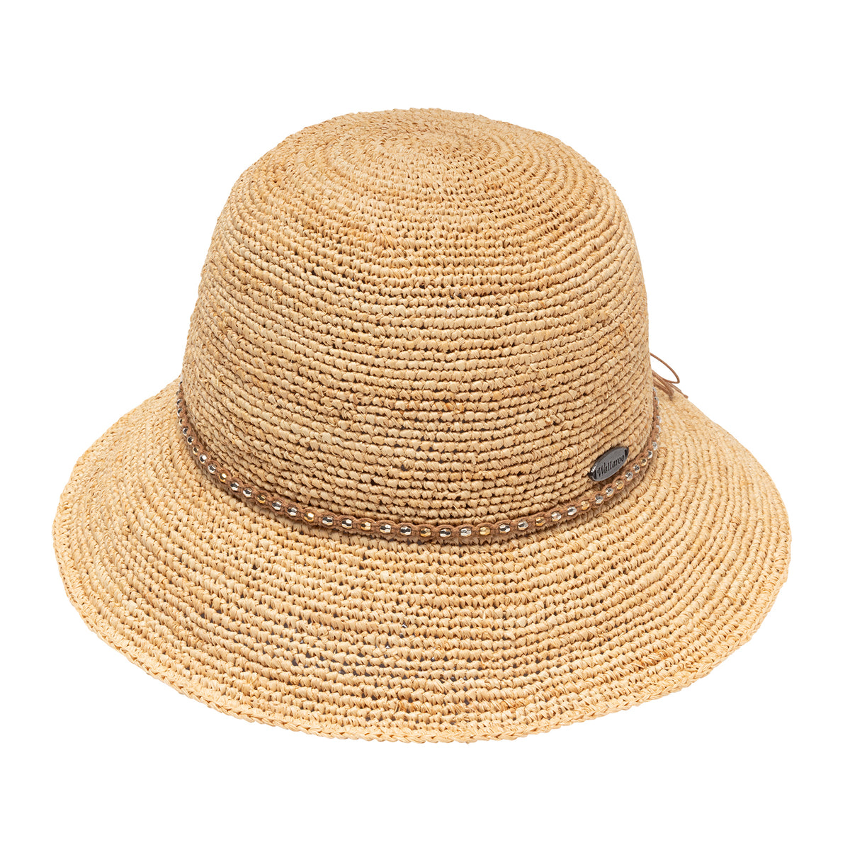 Front view of the Wallaroo raffia Malibu Bucket straw sun hat in natural color with a wide brim and a decorative brown band with small rhinestones, shown on a plain white background.