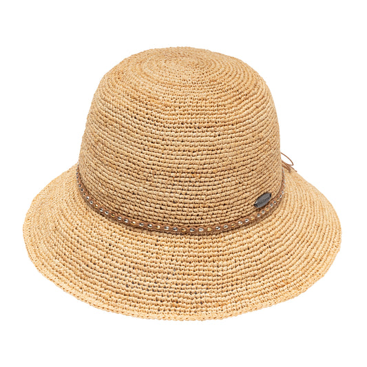 Front view of the Wallaroo raffia Malibu Bucket straw sun hat in natural color with a wide brim and a decorative brown band with small rhinestones, shown on a plain white background.