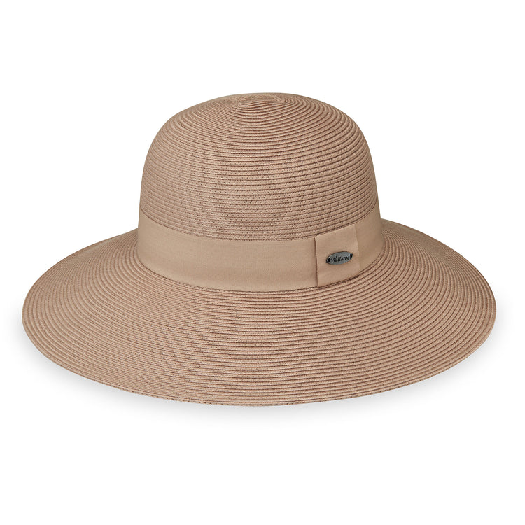 Women’s Margot round crown wide brim sun hat by Wallaroo, a Jane Seymour collaboration offering packable convenience, UV protection, and beach-ready fashion, Taupe