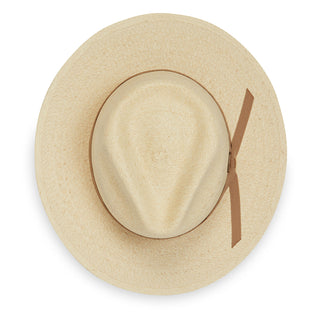 Women’s Marina natural fiber fedora by Wallaroo, a stylish and eco-conscious sun hat with a wide brim, perfect for travel, beach days, and outdoor fashion, Natural