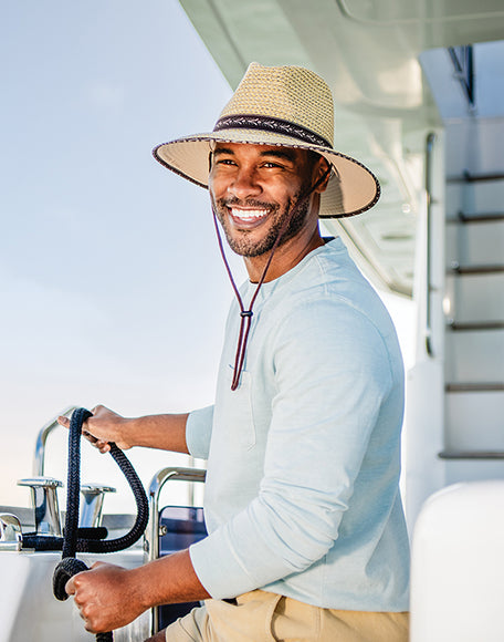 Man wearing a wide brim summer sun hat by Wallaroo