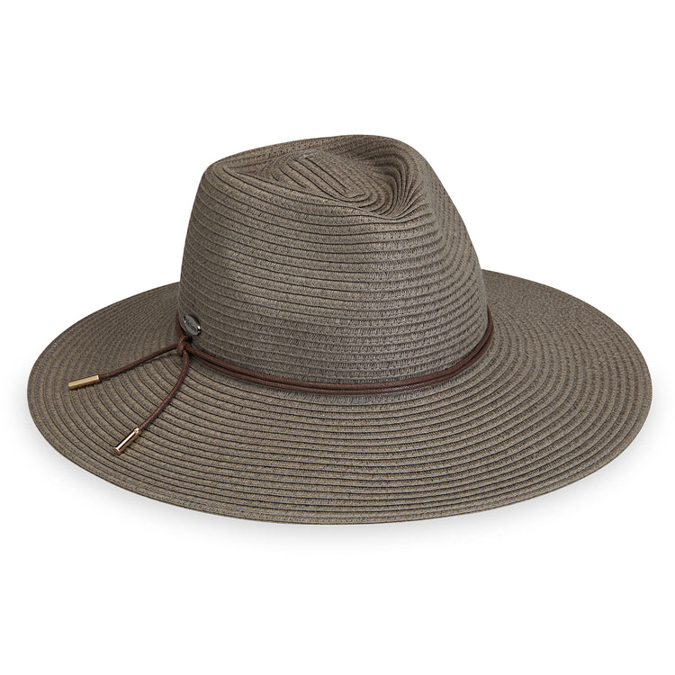 Wallaroo Women’s Montecito sun hat, a fashionable wide brim fedora made from sustainable natural fibers, packable and ideal for sunny holidays and travel, Graphite