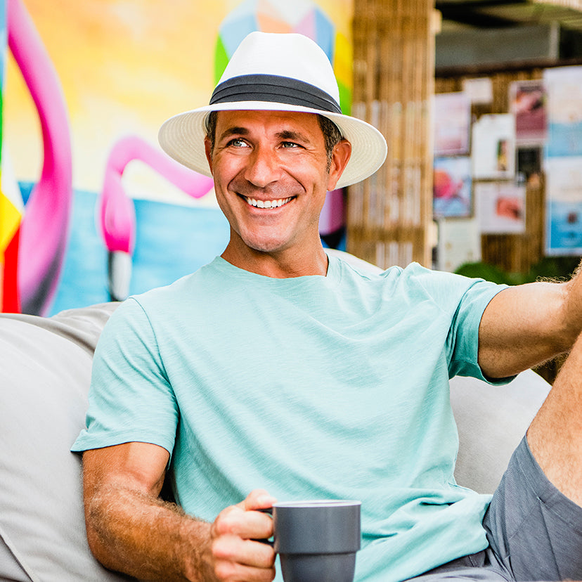 Man wearing fedora style straw sun hat in the summer by Wallaroo, Natural/Black