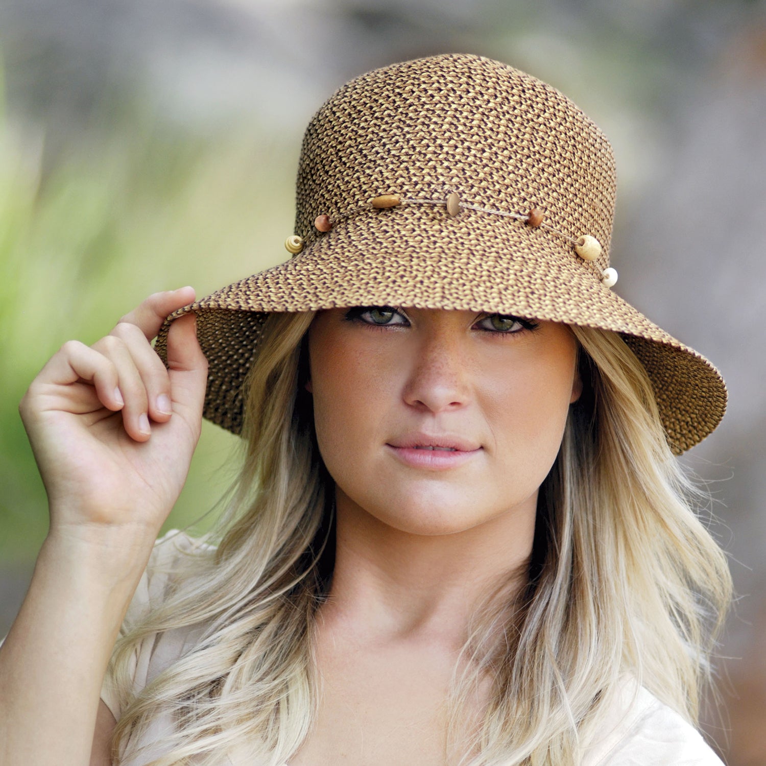 Woman Wearing UPF Packable Bucket Style Naomi Sun Hat, Mixed Brown