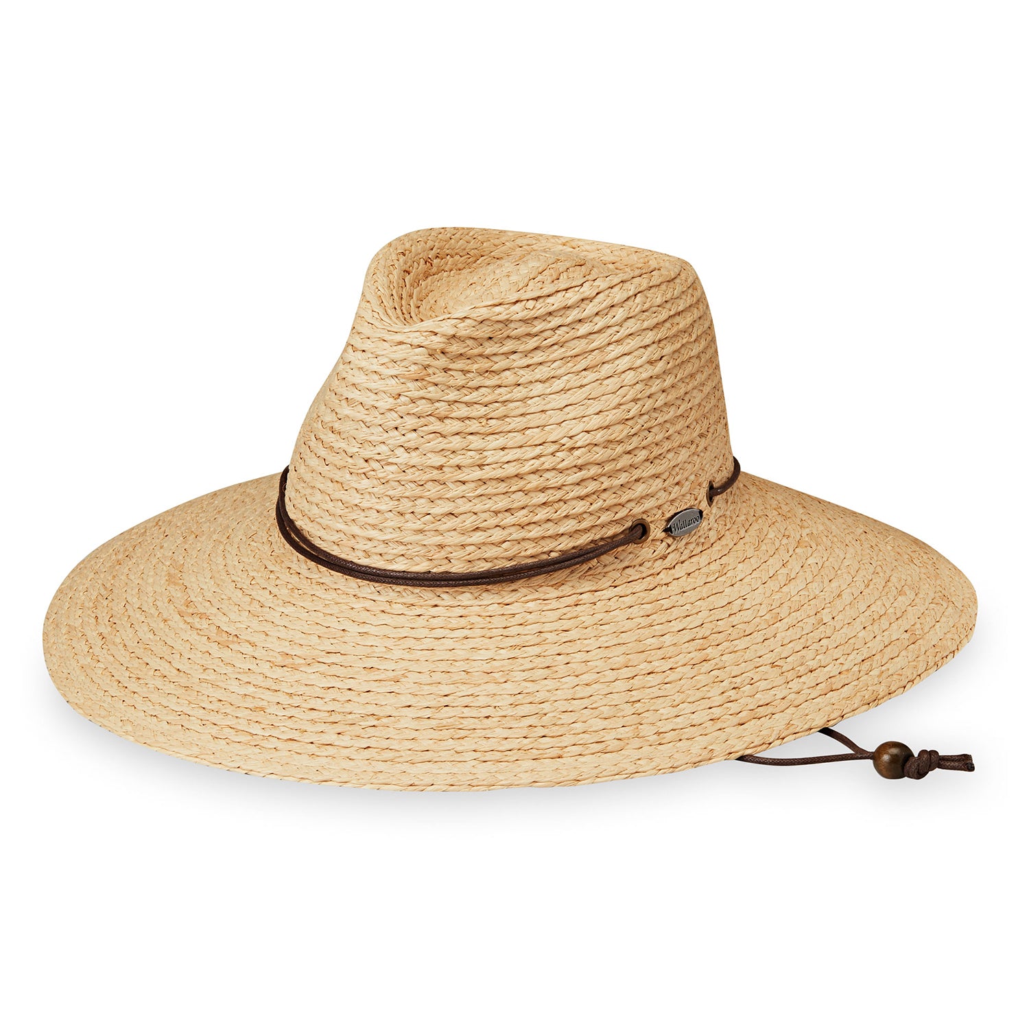 Front view of Nosara raffia UPF 50+ sun hat with chinstrap, natural