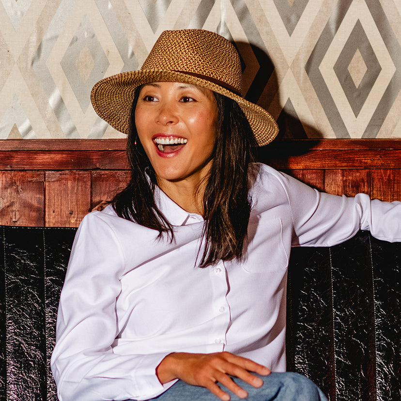 woman wearing a fedora style sun hat by Wallaroo, Brown