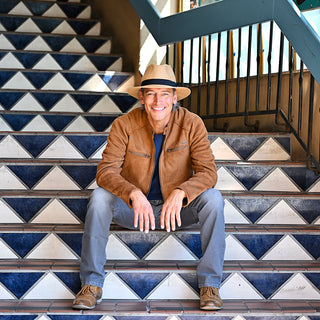 Man wearing a Camel UPF fedora sun hat by Wallaroo 