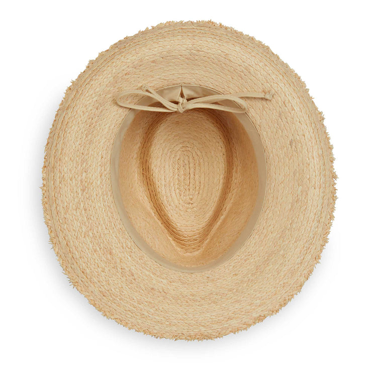 Bottom of Paloma sun hat by Wallaroo, featuring a UPF 50+ rating and fedora crown