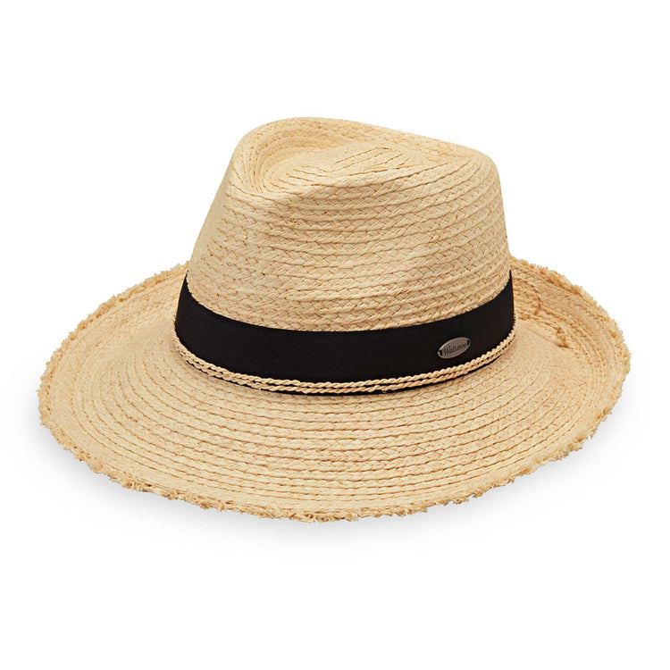 Paloma straw sun beach hat by Wallaroo, featuring a UPF 50+ rating and  frayed brim