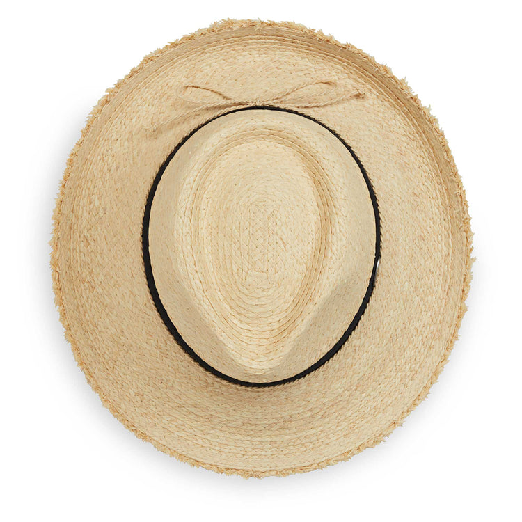 Top of the Paloma sun hat by Wallaroo, featuring a UPF 50+ rating, frayed brim, and fedora crown