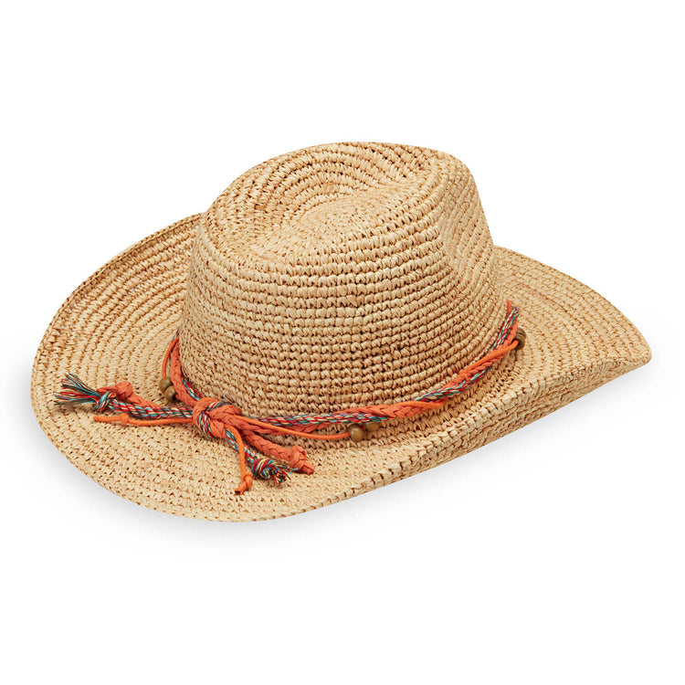 Back of women's petite catalina cowboy straw sun hat for summer by Wallaroo, Natural