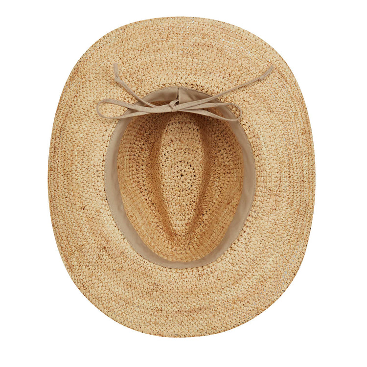 Interior of women's catalina cowboy sun hat, made from natural raffia material 