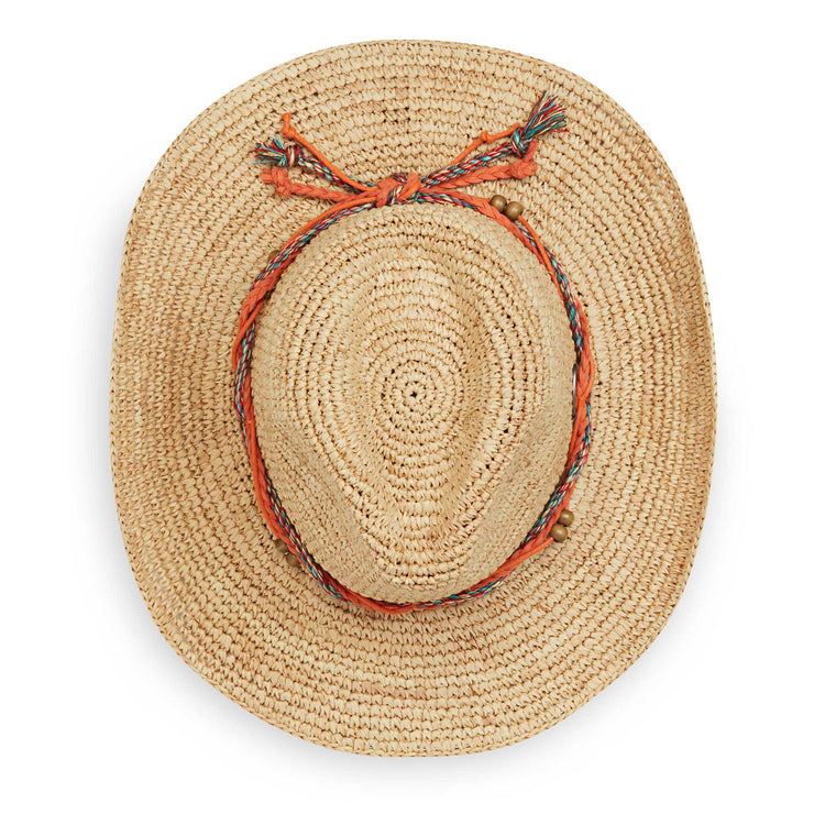 Top of women's petite catalina cowboy straw sun hat for summer weather by Wallaroo, Natural