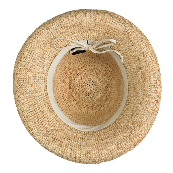 Inside view of Catalina straw hat with a drawstring for adjustability.