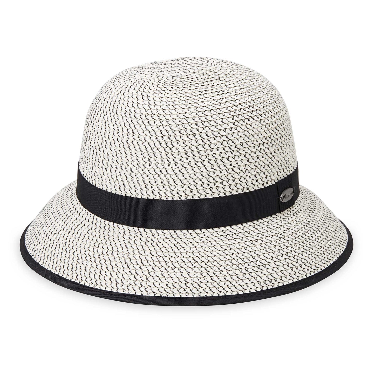Front of women's Petite Darby cloche bucket travel sun hat, Ivory/Black