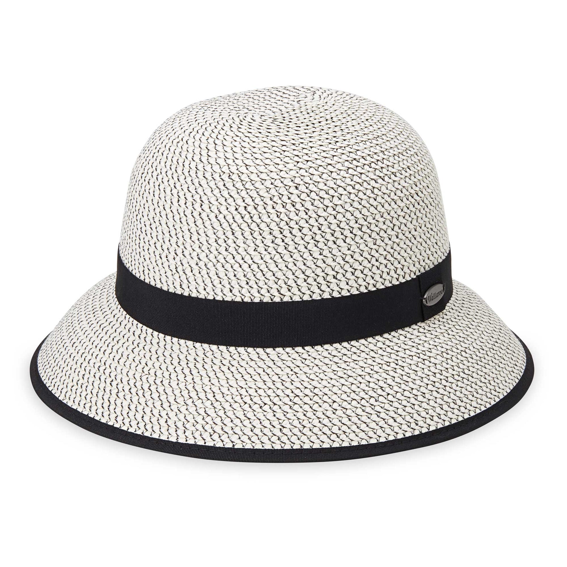 Front of women's Petite Darby cloche bucket travel sun hat, Ivory/Black