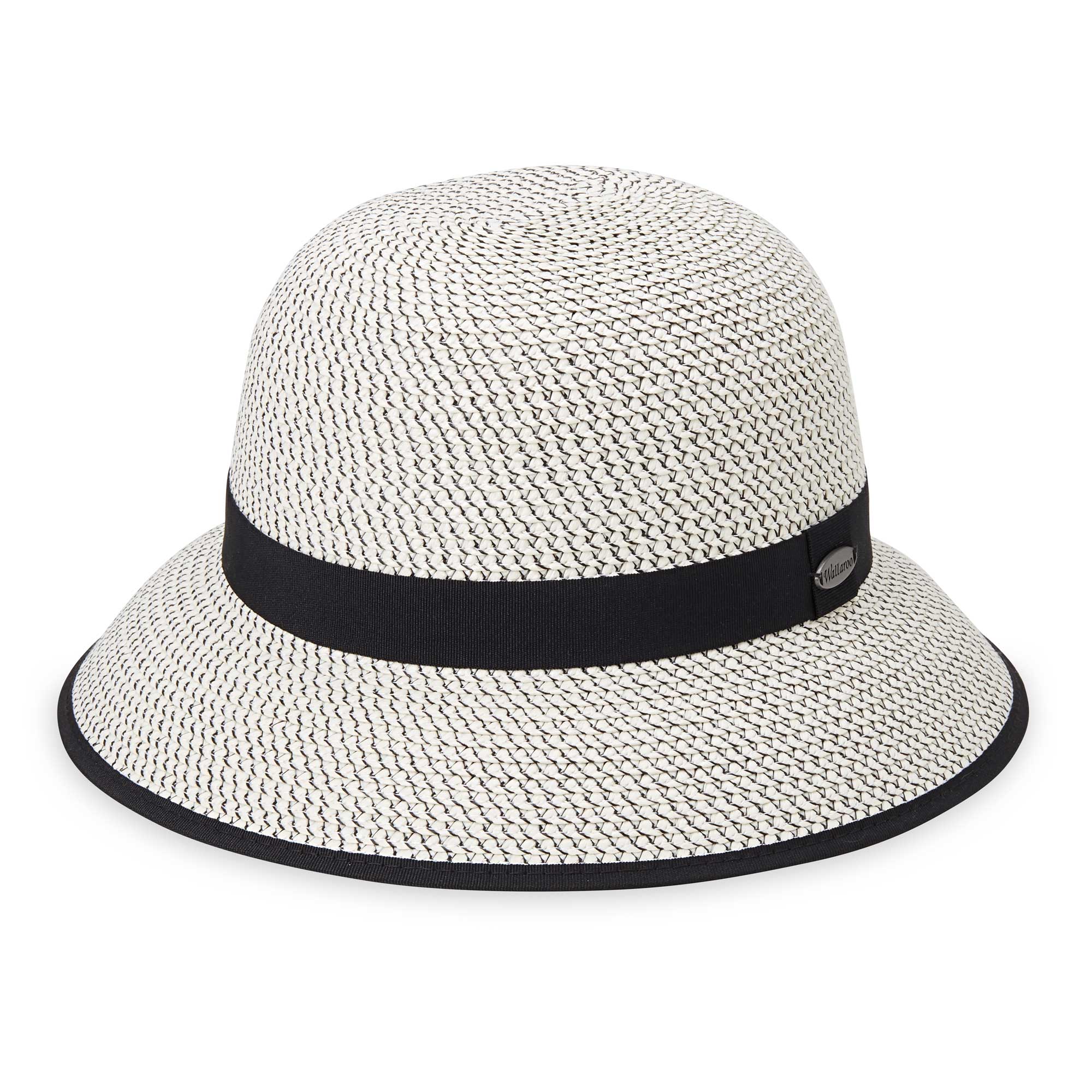 Front of women's Petite Darby cloche bucket travel sun hat, Ivory/Black