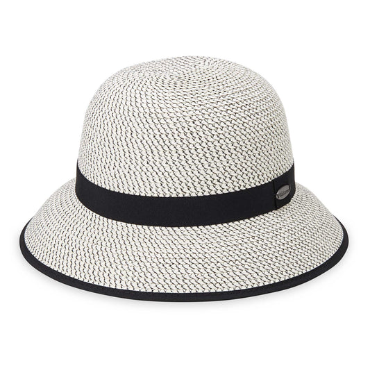 Front of women's Petite Darby cloche bucket travel sun hat, Ivory/Black