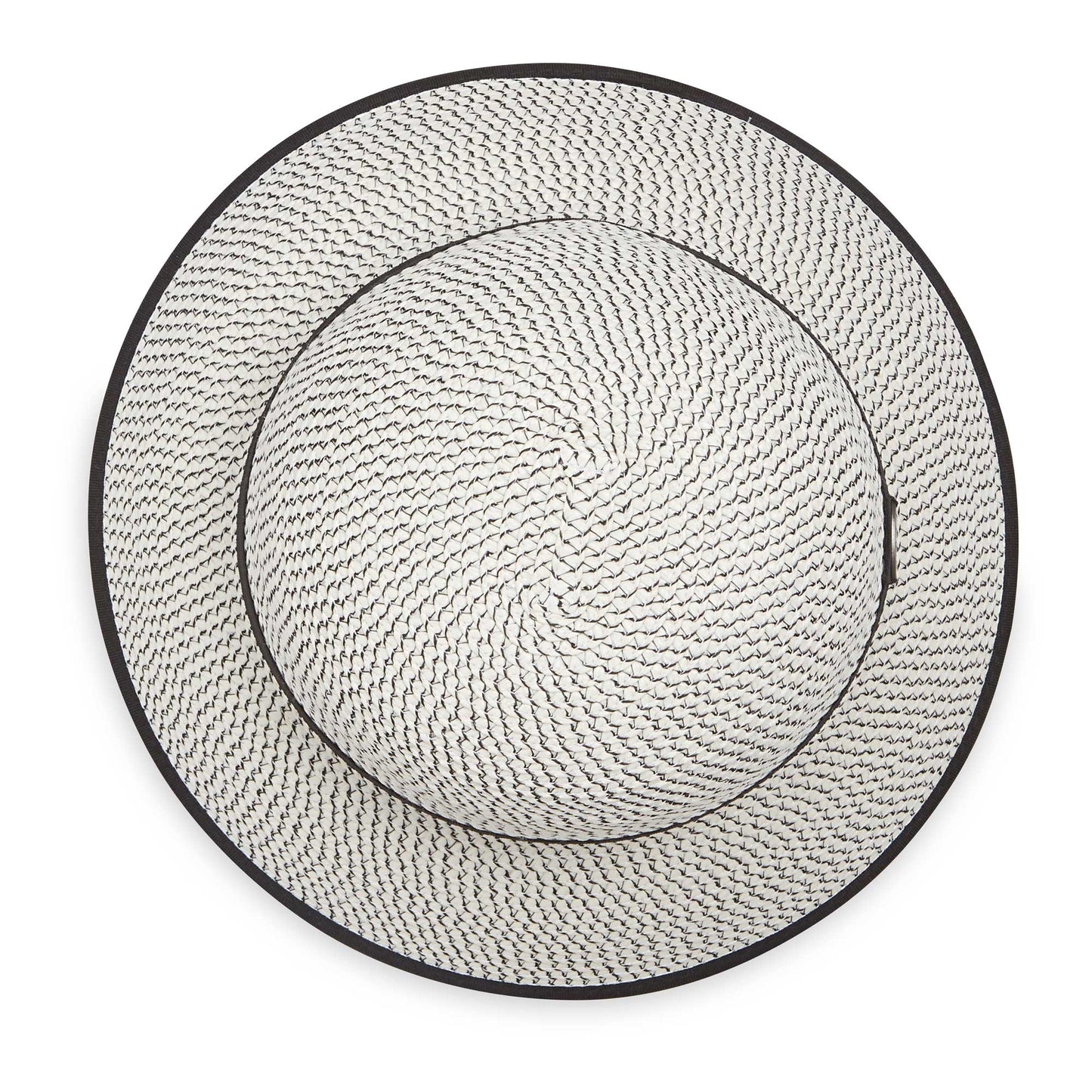 Top of women's Petite Darby cloche bucket travel sun hat, Ivory/Black