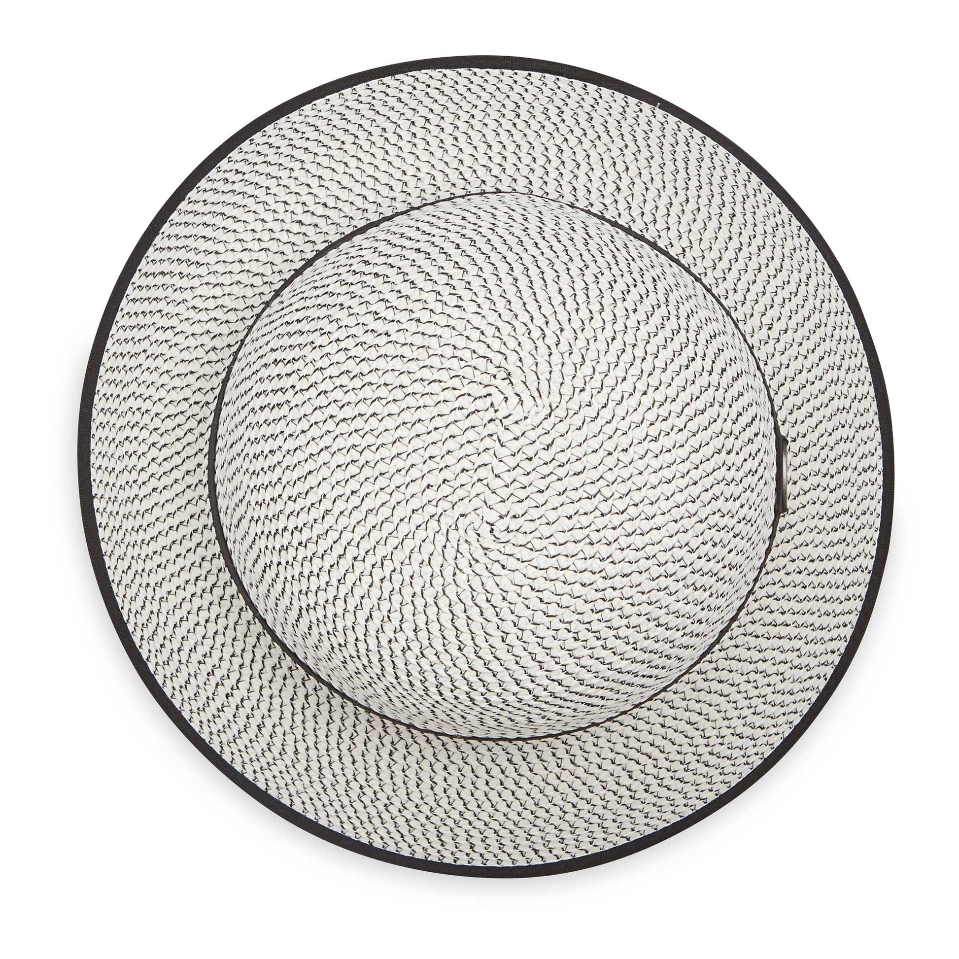 Top of women's Petite Darby cloche bucket travel sun hat, Ivory/Black