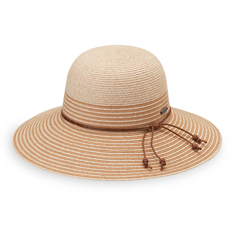 Women's packable petite marseille sun hat by Wallaroo, with a wide brim and UPF 50+ rating, White/Beige