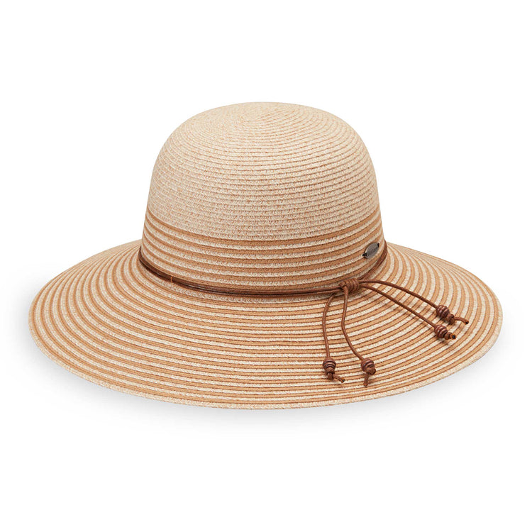 Women's packable petite marseille sun hat by Wallaroo, with a wide brim and UPF 50+ rating