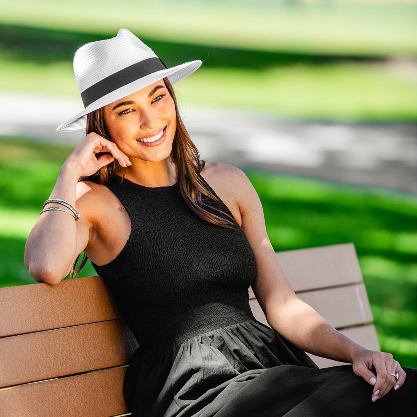 Wallaroo small Palm Beach Fedora sun hat for women, offering stylish sun protection with a wide brim and lightweight, comfortable fit, wind resistant hat, White