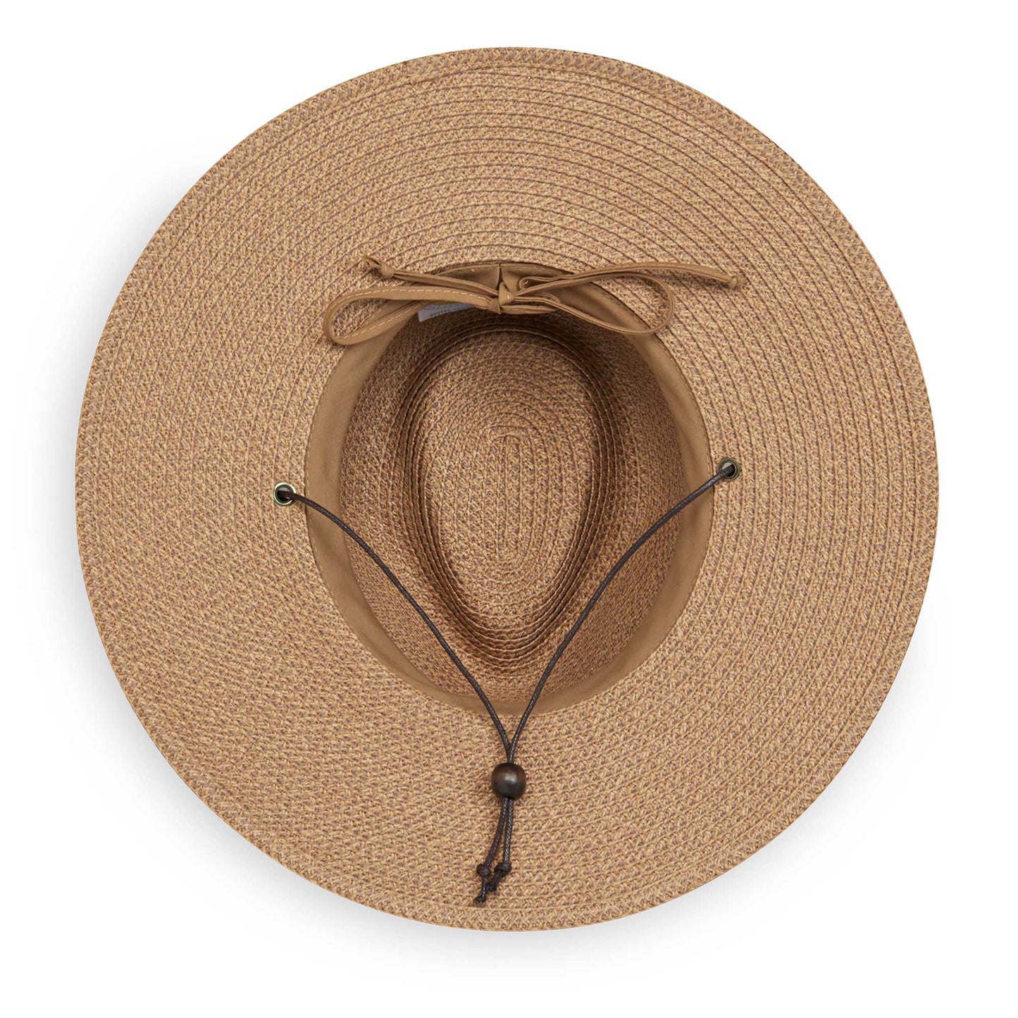 Inside view of women's Petite Sanibel packable UPF 50+ fedora, Camel