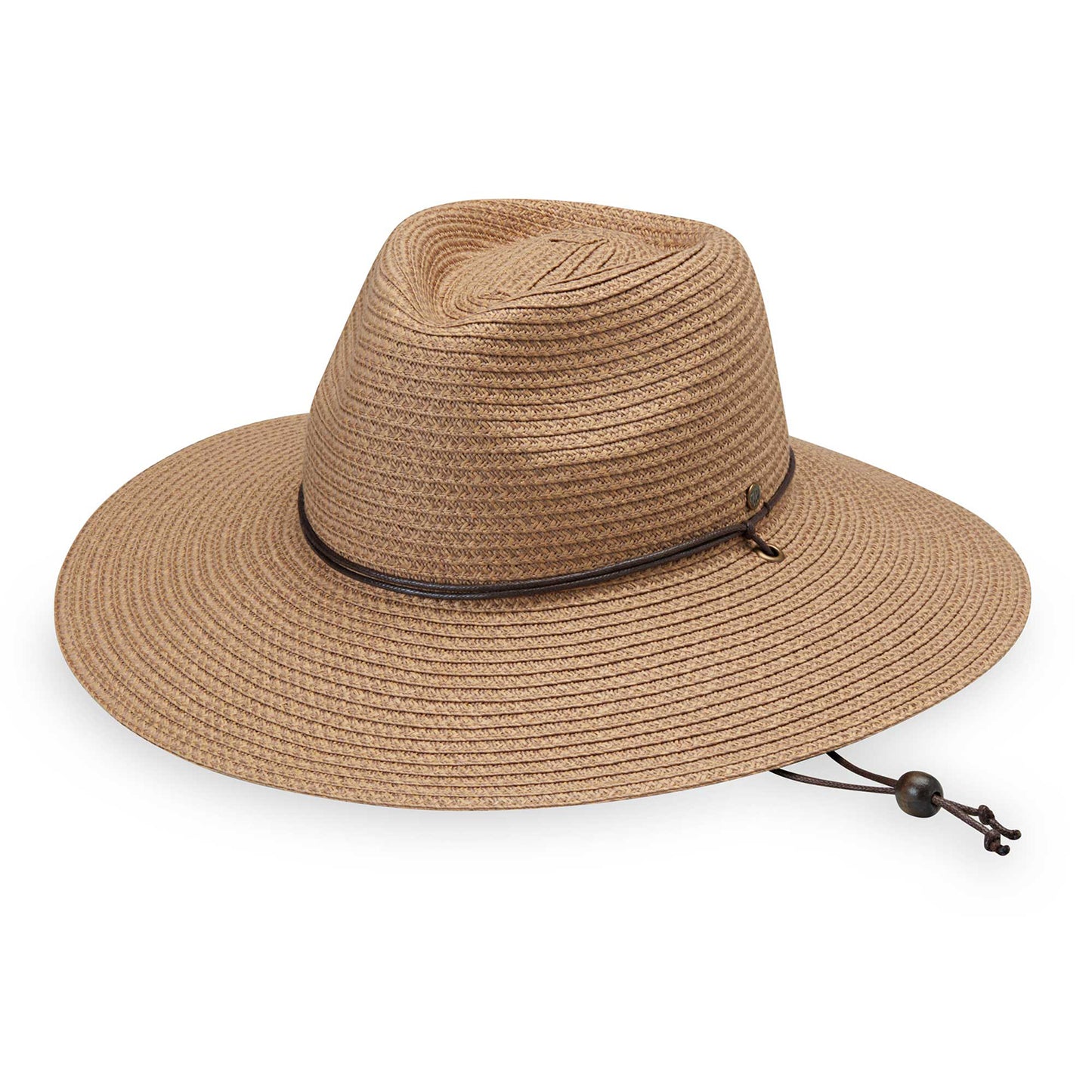 Chinstrap view of women's Petite Sanibel packable UPF 50+ fedora, Camel