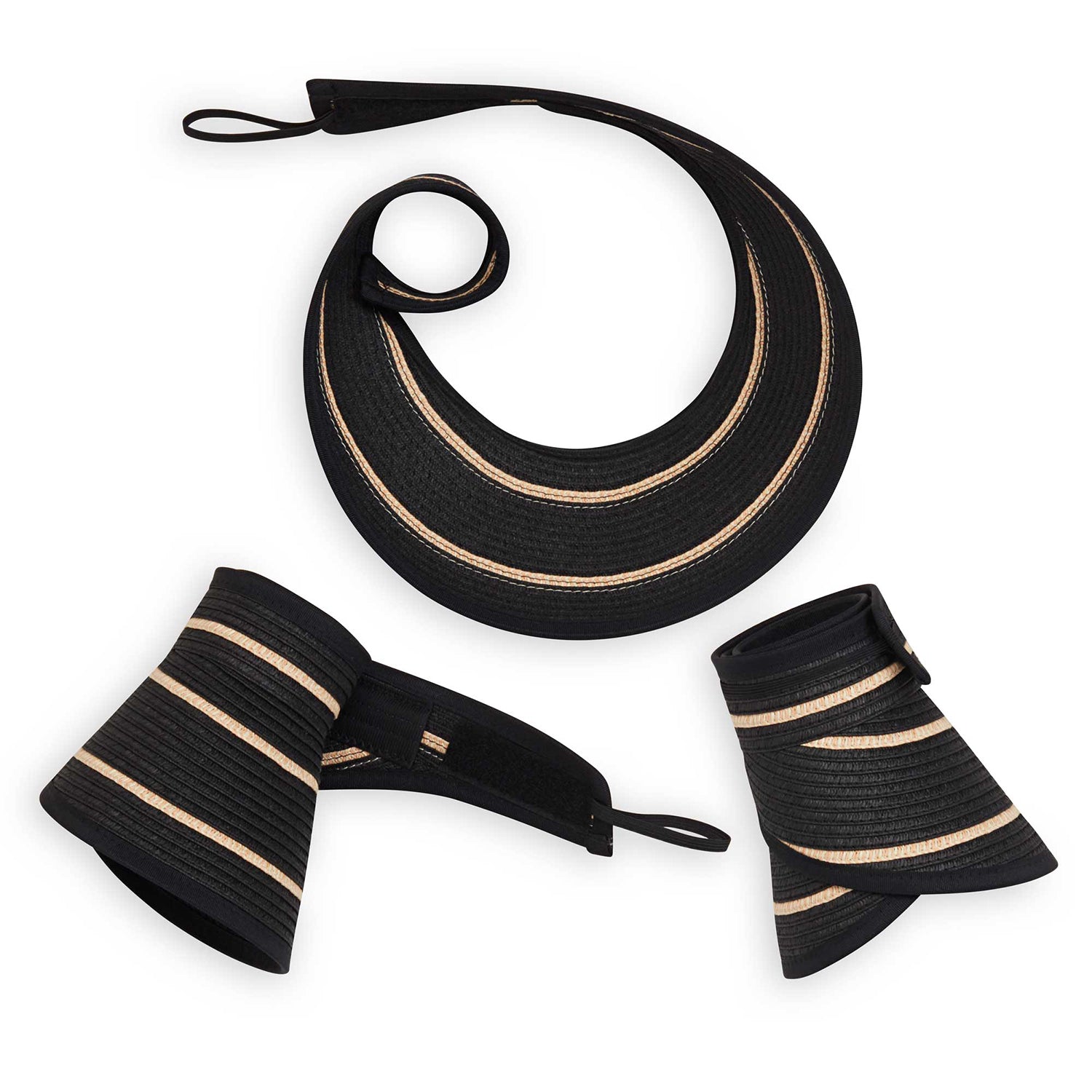 Packing view of petite savannah sun visor equipped with adjustable velcro, Black/Camel