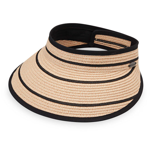 Packable petite savannah sun visor made with adjustable velcro strap, Camel/Black Stripes