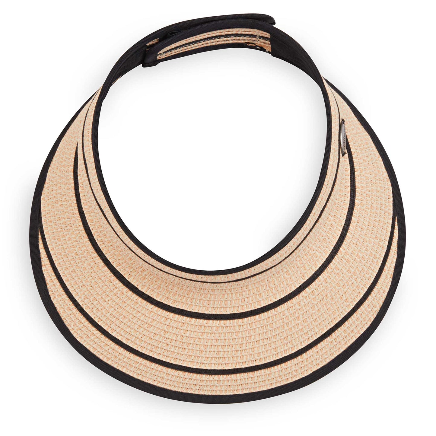 Top view of Wallaroo's packable Petite Savannah Visor, Camel/Black Stripes