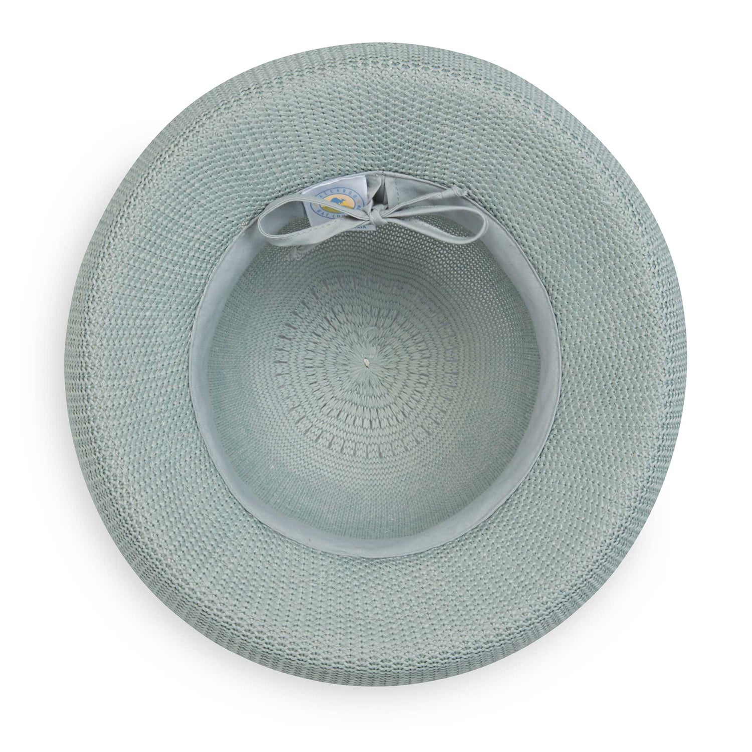 Inside view of Victoria poly-straw hat with a drawstring for adjustability.